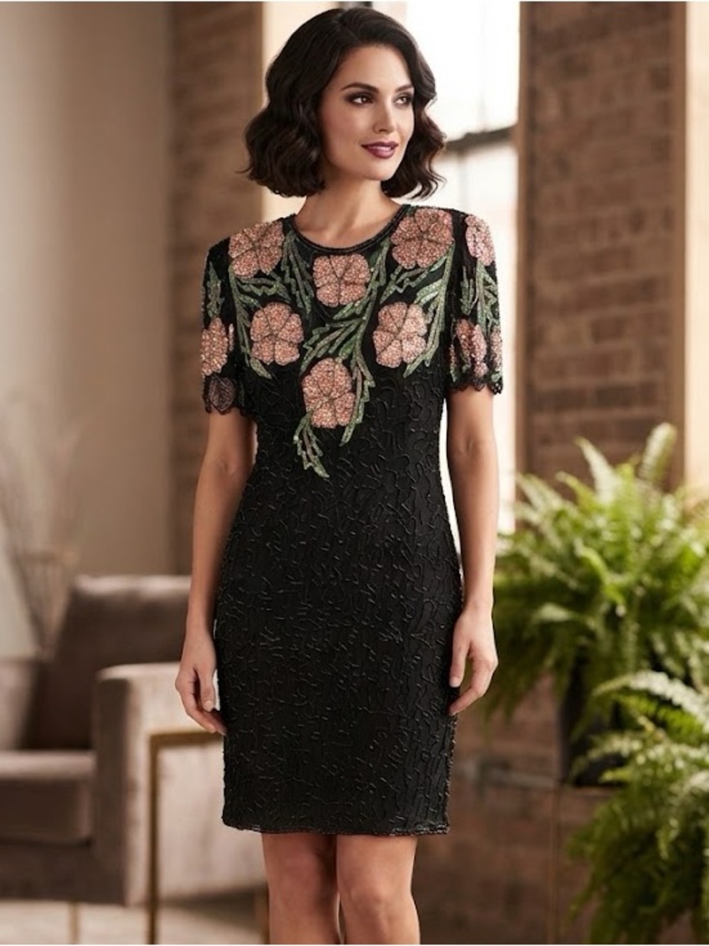 Vintage Scala Black Beaded Sheer lined Cocktail Dress with Pink and Green Floral